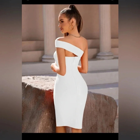 ADYCE One Shoulder Backless Split Thigh Midi Elegant Cocktail Bandage Dress - Picture 2 of 3